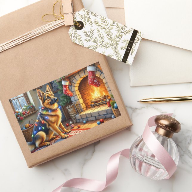 Belgian Shepherd Fireplace with Christmas Lights Rectangular Sticker (Gifting)