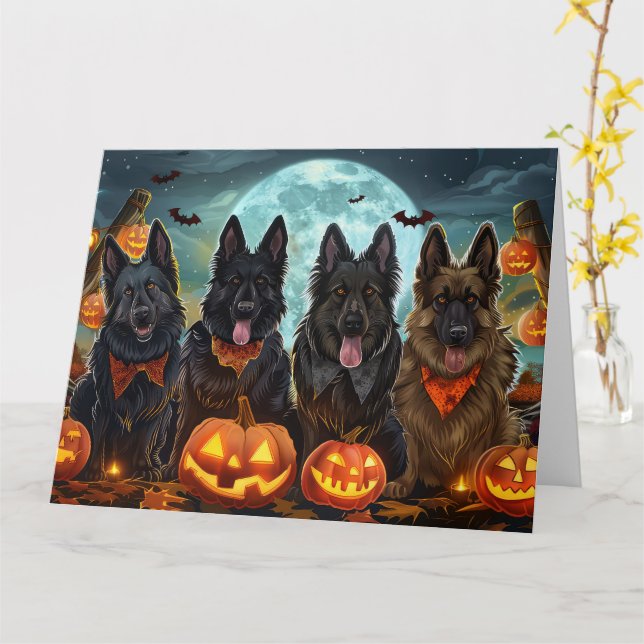 Belgian Shepherd Halloween Spooky Card (Yellow Flower)