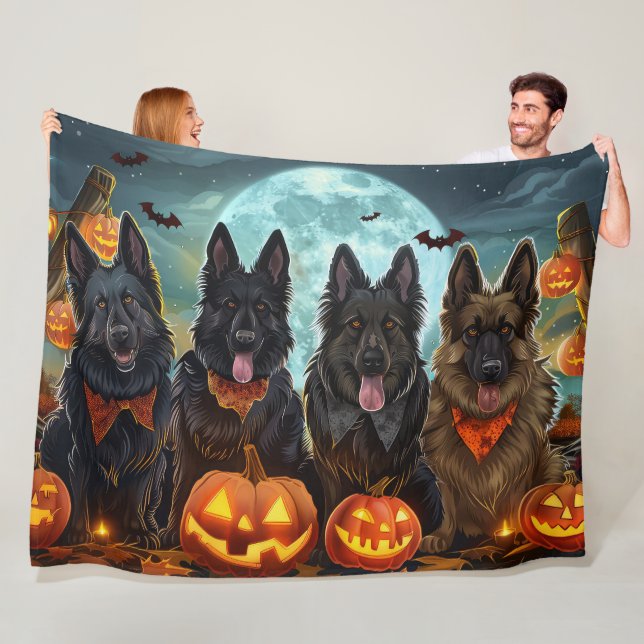 Belgian Shepherd Halloween Spooky Fleece Blanket (In Situ)