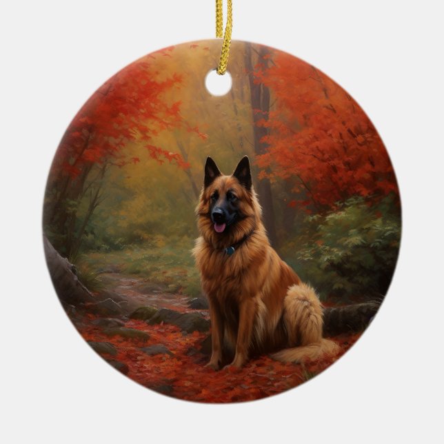 Belgian Shepherd in Autumn Leaves Fall Inspire  Ceramic Ornament (Front)