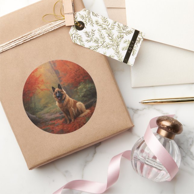 Belgian Shepherd in Autumn Leaves Fall Inspire  Classic Round Sticker (Gifting)