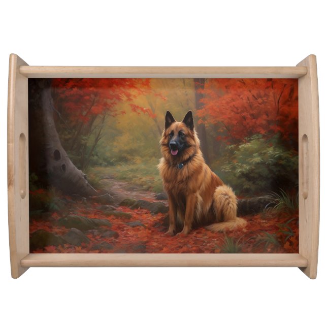 Belgian Shepherd in Autumn Leaves Fall Inspire  Serving Tray (Front)