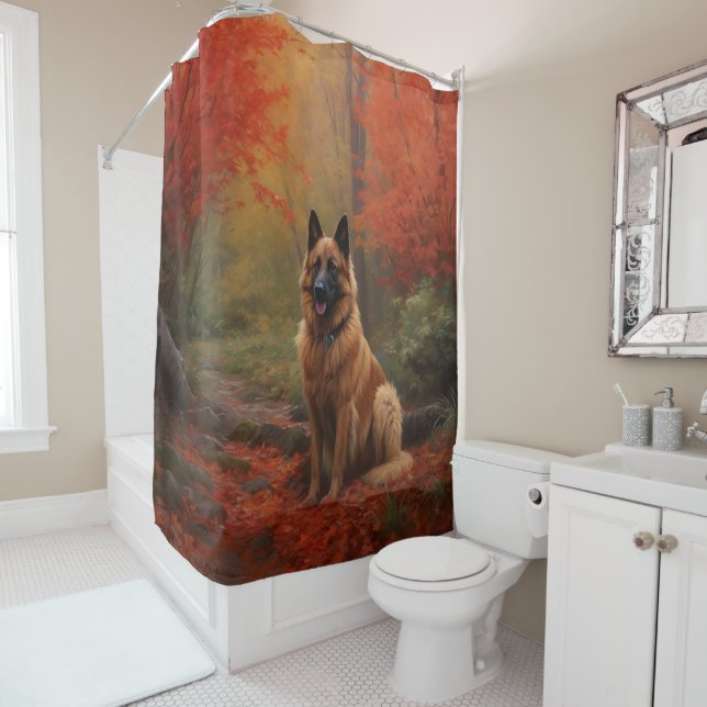 Belgian Shepherd in Autumn Leaves Fall Inspire  Shower Curtain (In Situ)