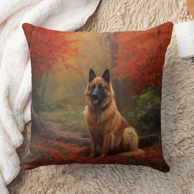 Belgian Shepherd in Autumn Leaves Fall Inspire  Throw Pillow (Blanket)