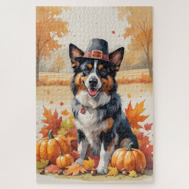 Belgian Shepherd In Autumn Leaves Thanksgiving Art Jigsaw Puzzle (Vertical)