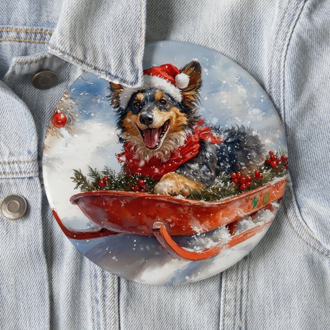 Belgian Shepherd in Sledge Let it Snow Christmas Button (In Situ)