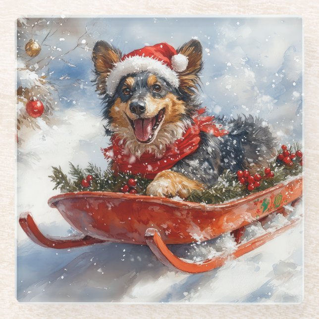 Belgian Shepherd in Sledge Let it Snow Christmas Glass Coaster (Front)