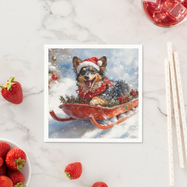 Belgian Shepherd in Sledge Let it Snow Christmas Napkins (Insitu)