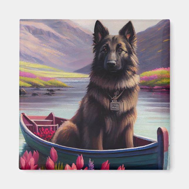 Belgian Shepherd on a Paddle: A Scenic Adventure Magnet (Front)