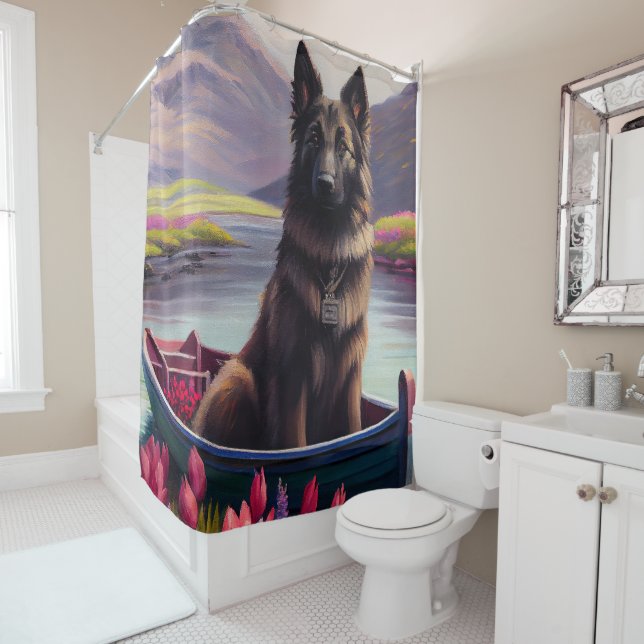 Belgian Shepherd on a Paddle: A Scenic Adventure Shower Curtain (In Situ)