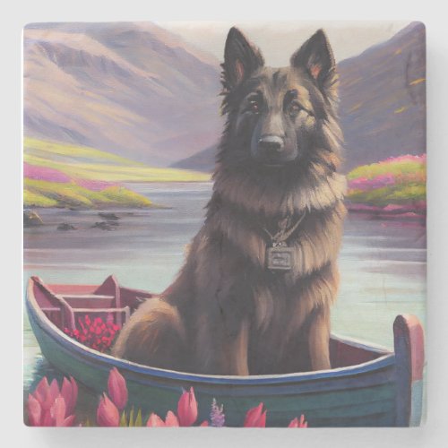 Belgian Shepherd on a Paddle A Scenic Adventure Stone Coaster