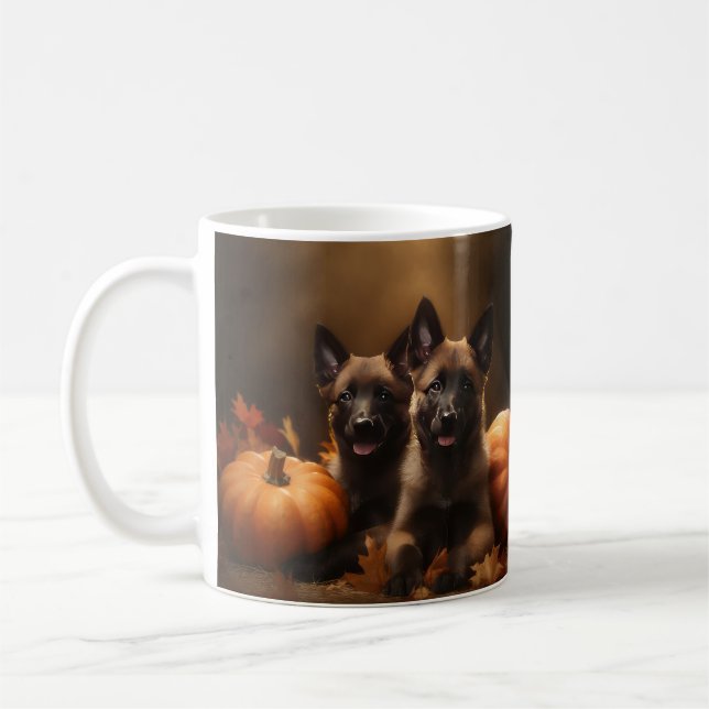 Belgian Shepherd Puppy Autumn Delight Pumpkin Coffee Mug (Left)