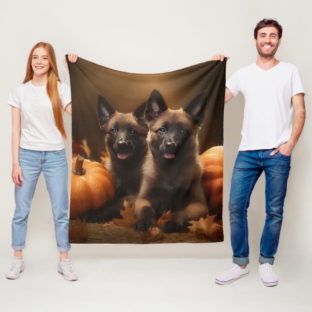 Belgian Shepherd Puppy Autumn Delight Pumpkin Fleece Blanket (In Situ)