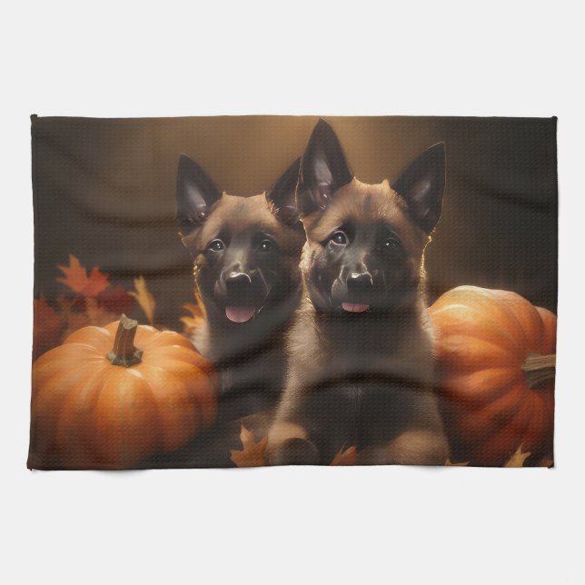 Belgian Shepherd Puppy Autumn Delight Pumpkin Kitchen Towel (Horizontal)