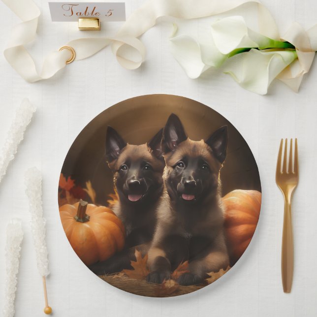Belgian Shepherd Puppy Autumn Delight Pumpkin Paper Plates (Wedding)