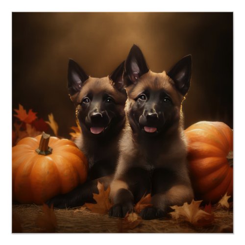 Belgian Shepherd Puppy Autumn Delight Pumpkin Poster