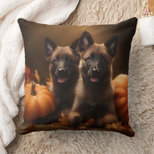 Belgian Shepherd Puppy Autumn Delight Pumpkin Throw Pillow (Blanket)