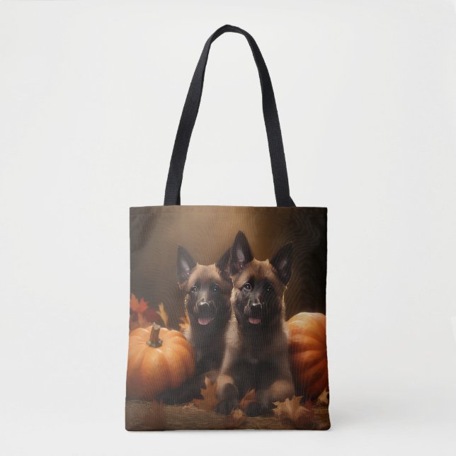 Belgian Shepherd Puppy Autumn Delight Pumpkin Tote Bag (Front)