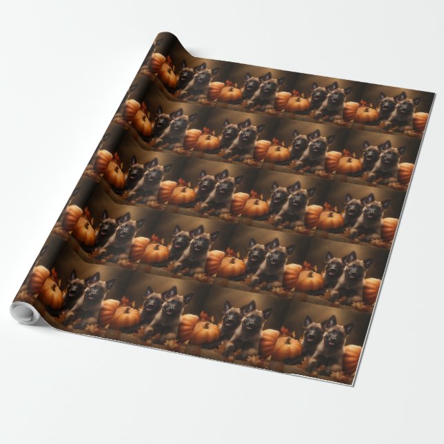 Belgian Shepherd Puppy Autumn Delight Pumpkin Wrapping Paper (Unrolled)