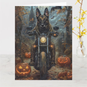 Belgian Shepherd Riding Motorcycle Halloween Scary Card