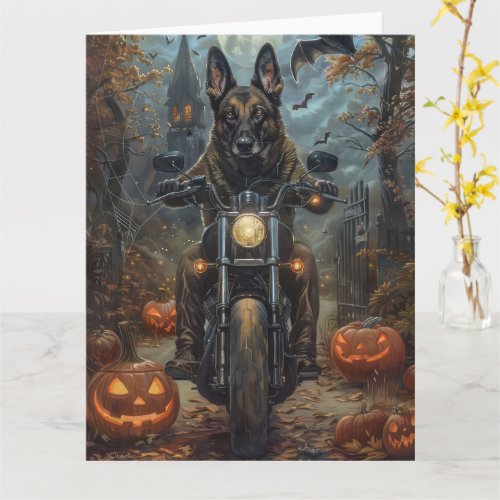 Belgian Shepherd Riding Motorcycle Halloween Scary Card