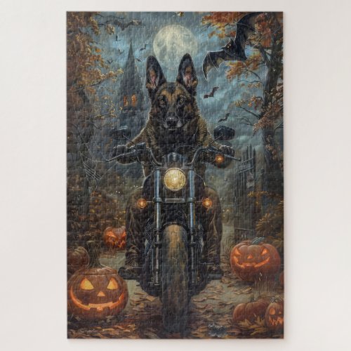 Belgian Shepherd Riding Motorcycle Halloween Scary Jigsaw Puzzle
