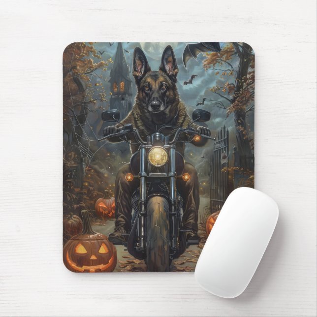 Belgian Shepherd Riding Motorcycle Halloween Scary Mouse Pad (With Mouse)