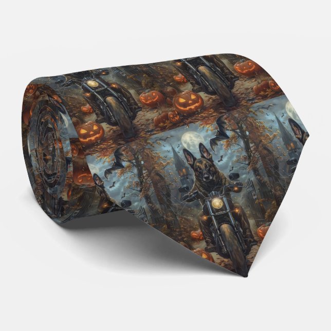 Belgian Shepherd Riding Motorcycle Halloween Scary Neck Tie (Rolled)
