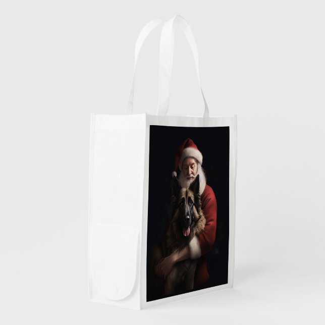 Belgian Shepherd Santa Claus Festive Christmas Grocery Bag (Front Side)
