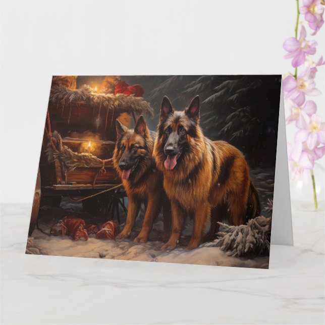 Belgian Shepherd Snowy Sleigh Christmas Decor Card (Orchid)