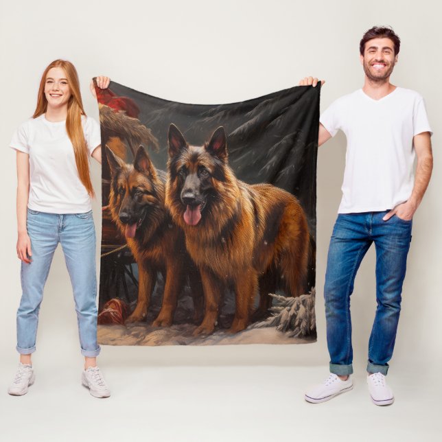 Belgian Shepherd Snowy Sleigh Christmas Decor Fleece Blanket (In Situ)