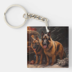 Belgian Shepherd Snowy Sleigh Christmas Decor Keychain