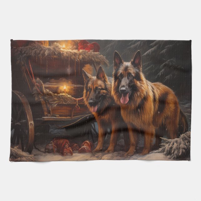 Belgian Shepherd Snowy Sleigh Christmas Decor Kitchen Towel (Horizontal)