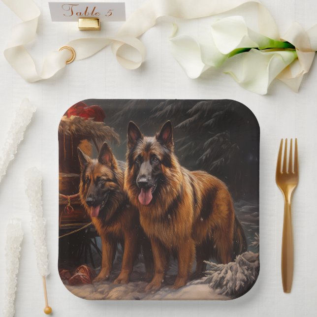 Belgian Shepherd Snowy Sleigh Christmas Decor Paper Plates (Wedding)
