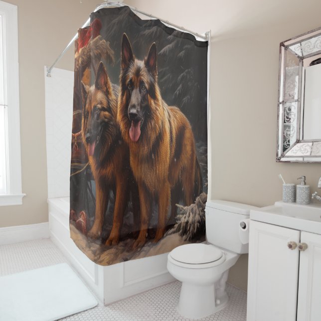Belgian Shepherd Snowy Sleigh Christmas Decor Shower Curtain (In Situ)
