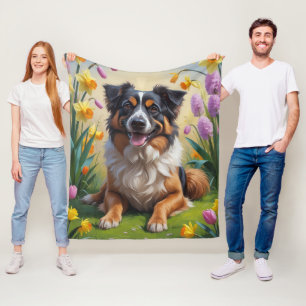 Belgian Shepherd Spring Flowers Painting Fleece Blanket