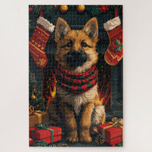 Belgian Shepherd With Christmas Gifts Fireplace Jigsaw Puzzle