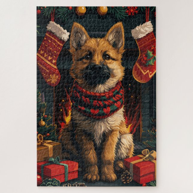 Belgian Shepherd With Christmas Gifts Fireplace Jigsaw Puzzle (Vertical)