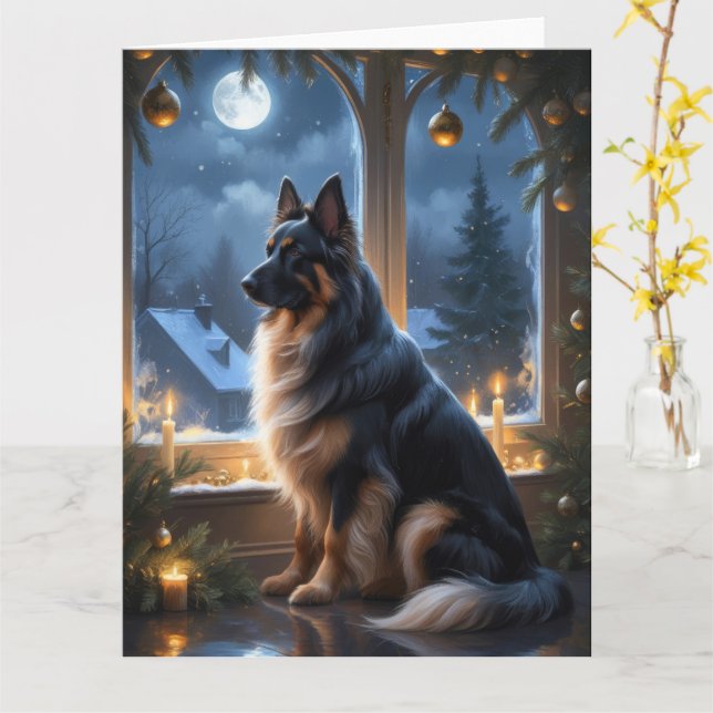Belgian Shepherd With Christmas Lights Holiday Card (Yellow Flower)