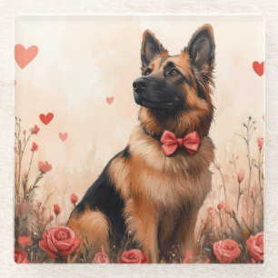 Belgian Shepherd with Roses - Valentine's Day Glass Coaster
