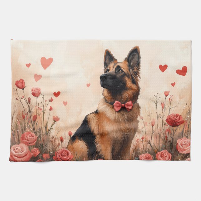 Belgian Shepherd with Roses - Valentine's Day Kitchen Towel (Horizontal)