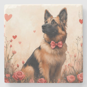 Belgian Shepherd with Roses - Valentine's Day Stone Coaster