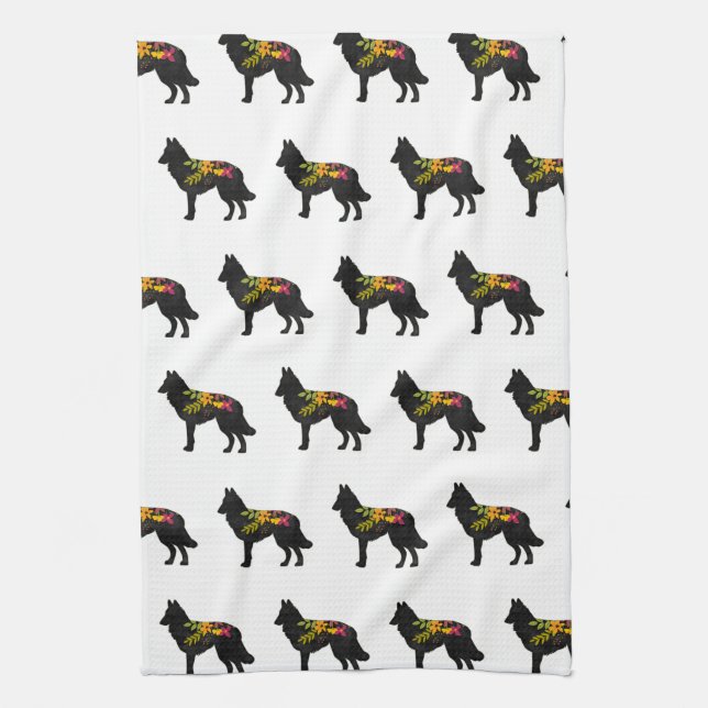 Belgian Tervuren Dog Breed Bohemian Floral Kitchen Towel (Vertical)