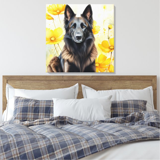 Belgian Tervuren Dog Lover and Poppies Canvas Print (Insitu(Bedroom))