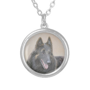 Belgian Tervuren Painting - Cute Original Dog Art Silver Plated Necklace