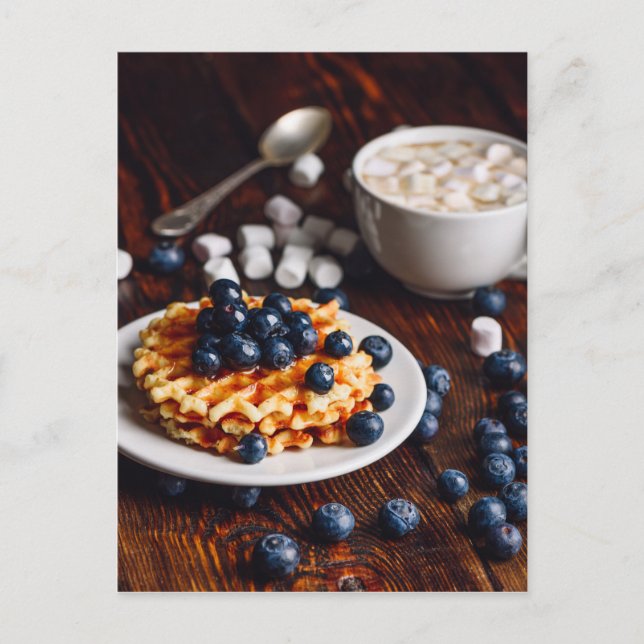 Belgian waffles with blueberry and hot chocolate postcard (Front)