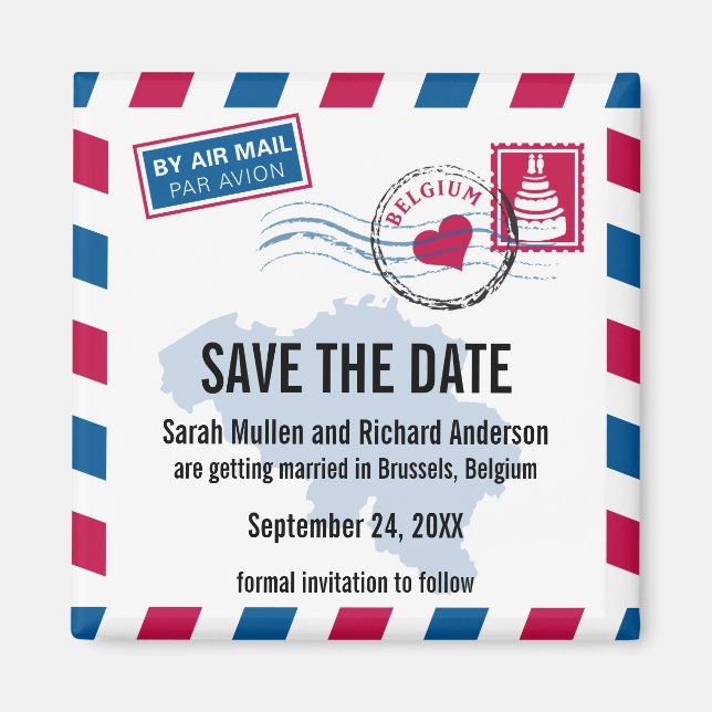 Belgium Air Mail Wedding Save the Date Magnet (Front)