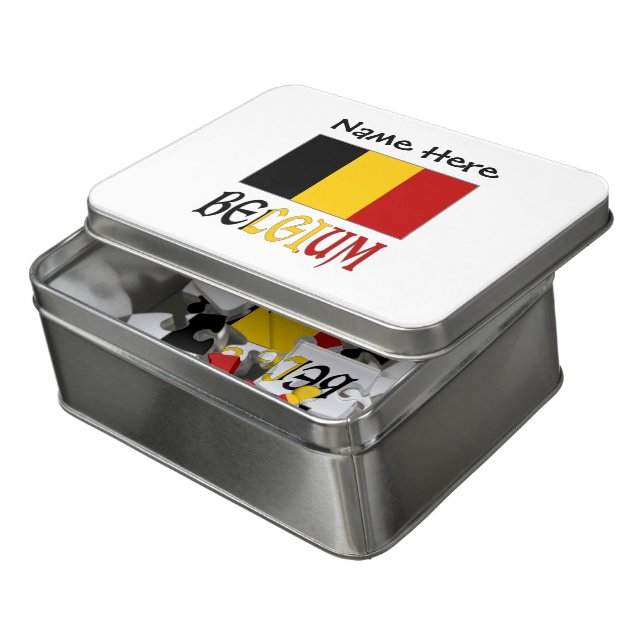 Belgium Belgian Flag Personalized Name  Jigsaw Puzzle (Lid Open)