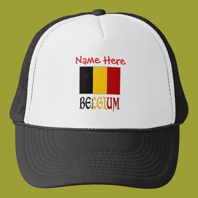 Belgium Belgian Flag Red Personalized  Trucker Hat (Trucker hat with Belgian flag and the word BELGIUM in flag colors. Add name above.)