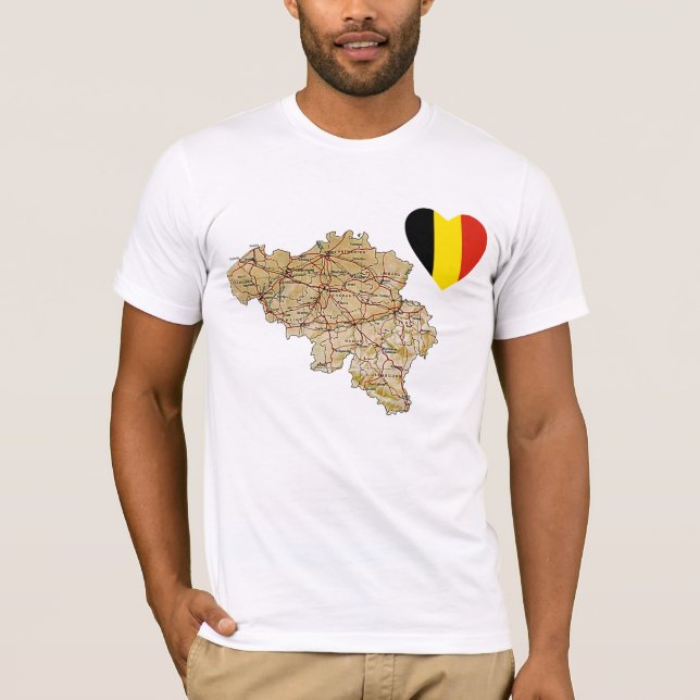 Belgium Flag Heart and Map T-Shirt (Front)